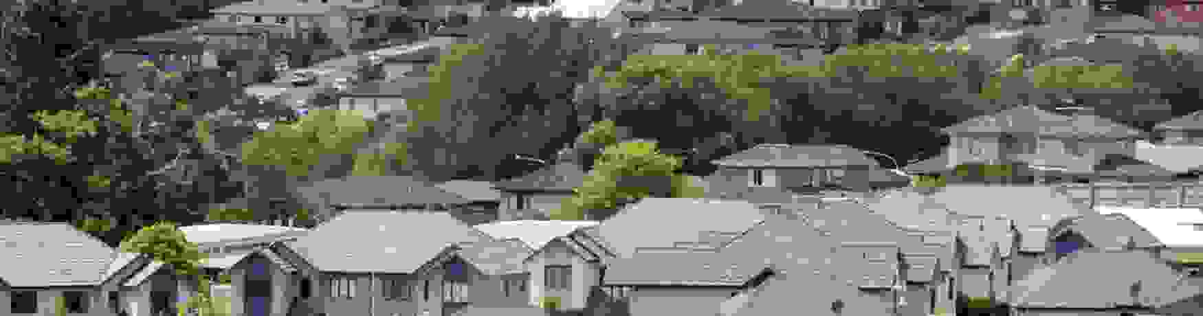 Wide view of an Auckland suburb with lots of housing and building