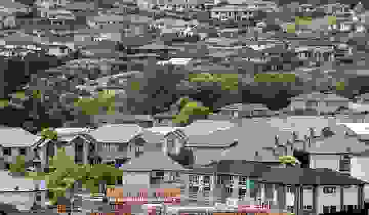 Wide view of an Auckland suburb with lots of housing and building