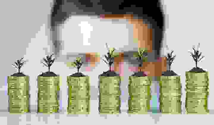 Mans face in background behind stacks of coins with growing seedlings investment concept