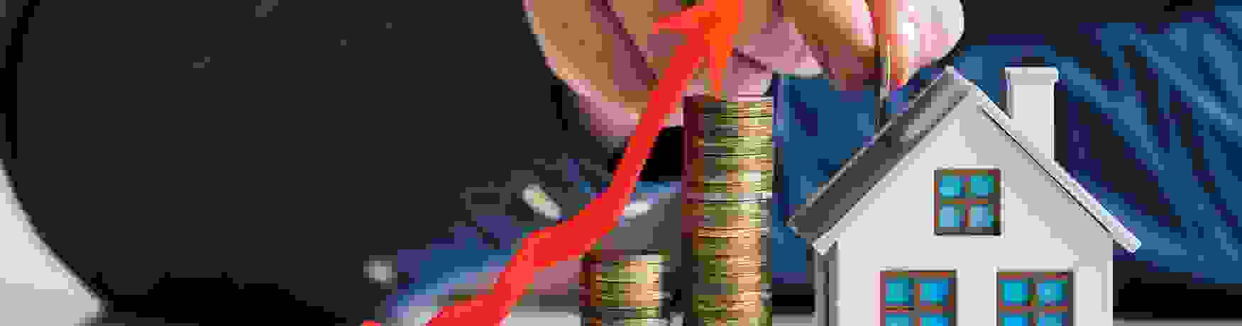 Growing stacks of coins with an arrow depicting inflation leads to a house with a man's hand holding a coin above a house model.